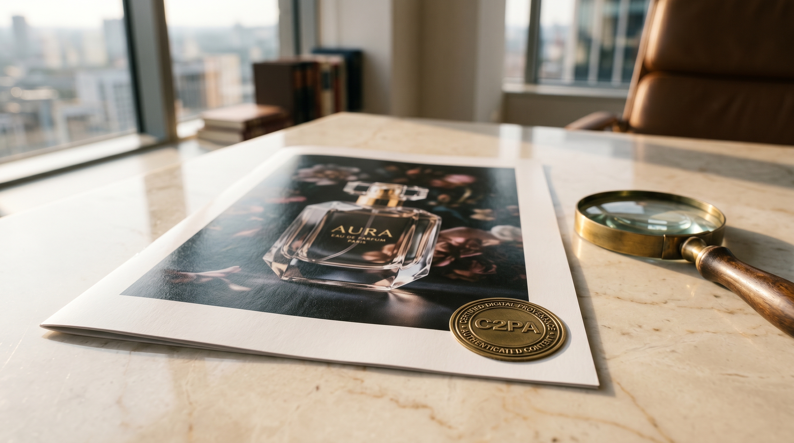 A printed perfume advertising page on a marble desk in a sunlit european law office, with an embossed C2PA gold seal pressed in the bottom-right corner and a brass magnifying glass beside it.