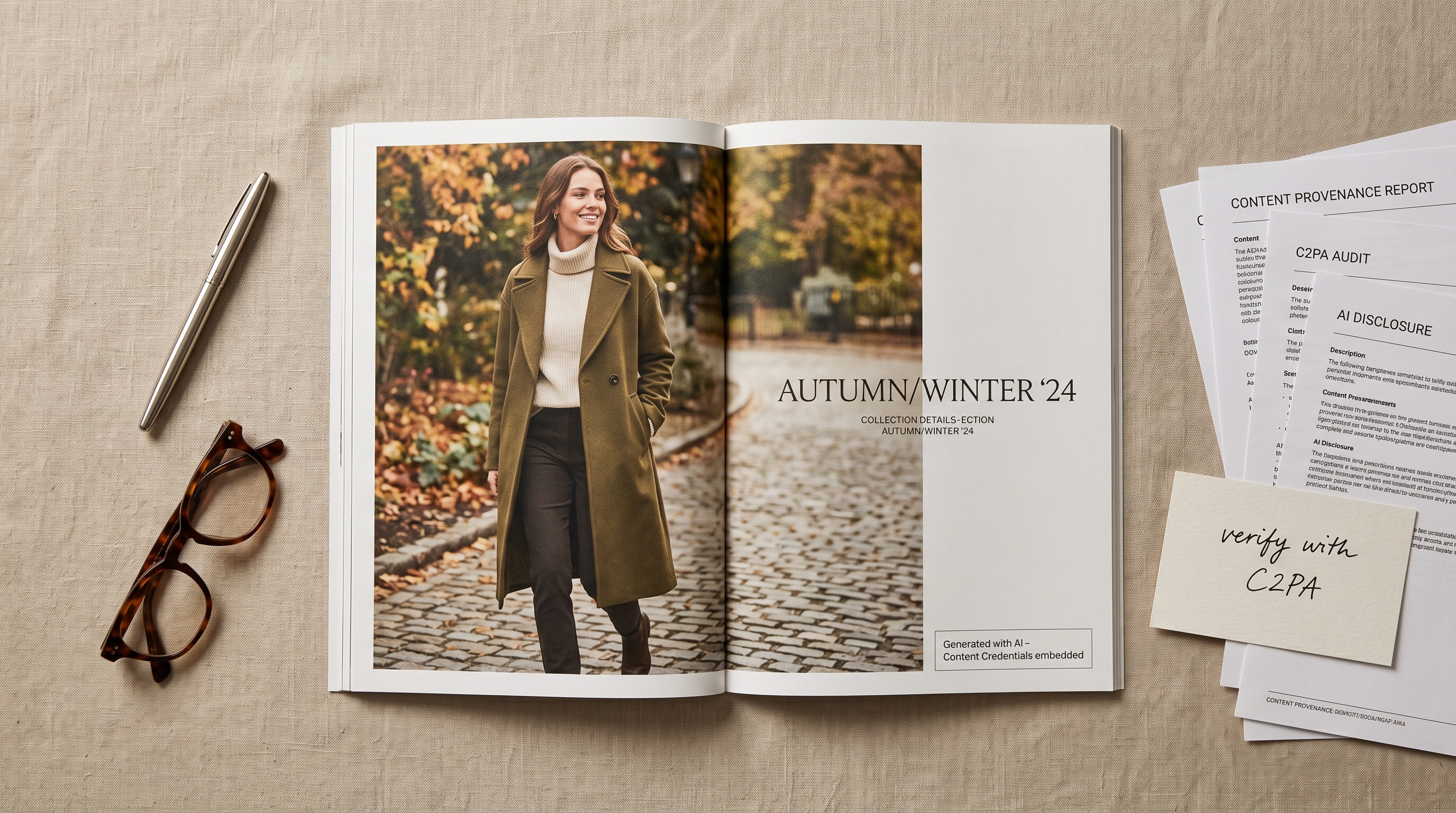 An open premium fashion lookbook on a beige linen surface, with a visible "Generated with AI - Content Credentials embedded" footer label on the photographic spread, beside compliance printouts and a handwritten note reading "verify with C2PA".