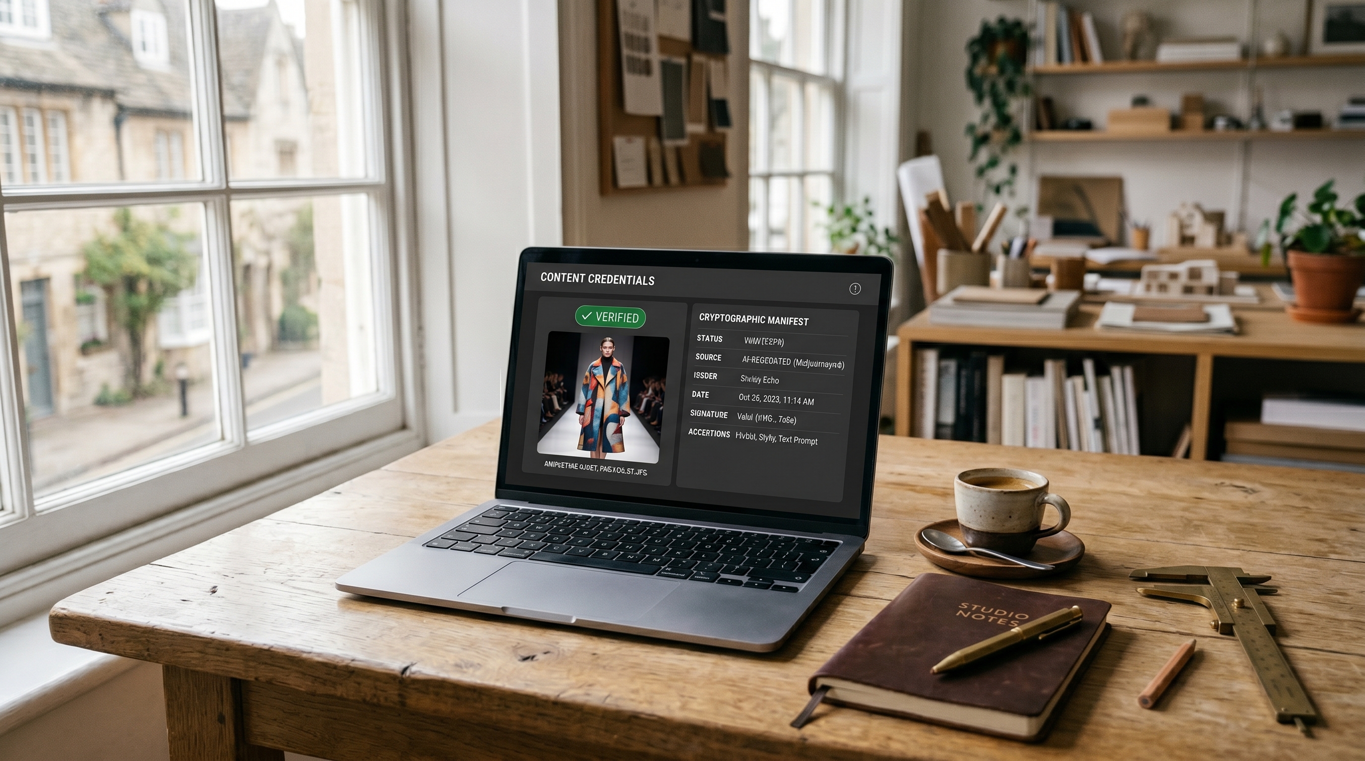 A laptop on a wooden studio desk displaying the Content Credentials inspector interface, showing a green "Verified" badge and the cryptographic manifest assertions for an AI-generated fashion image.
