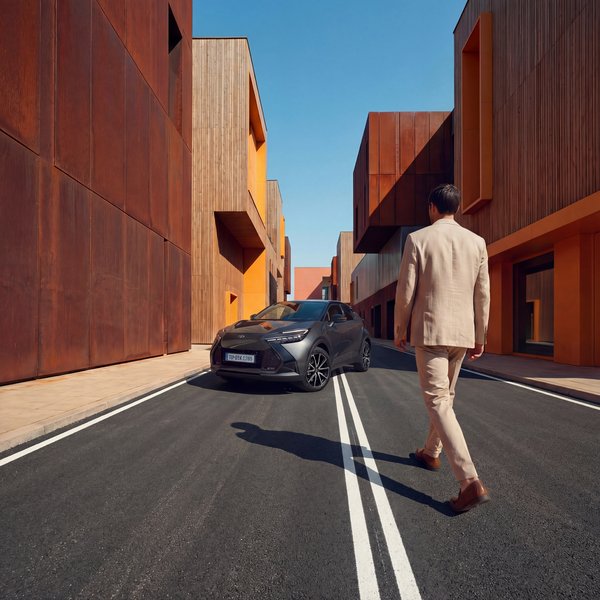 AI photoshoot: man in beige suit walking toward Toyota C-HR in corten steel architecture