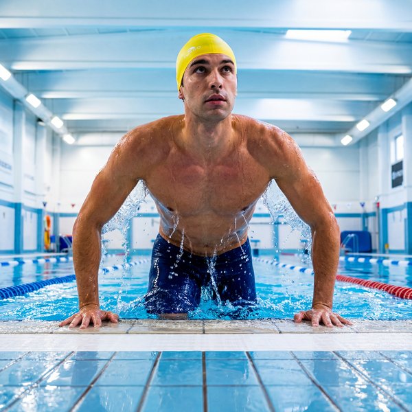 AI photoshoot: male swimmer in yellow cap emerging from pool
