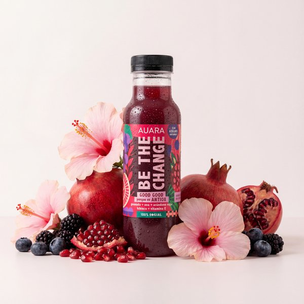 AI product photography: AUARA berry juice bottle with pomegranates and blueberries