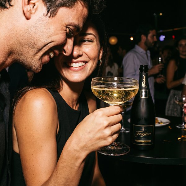 AI photoshoot: couple at party with Freixenet champagne romantic lifestyle