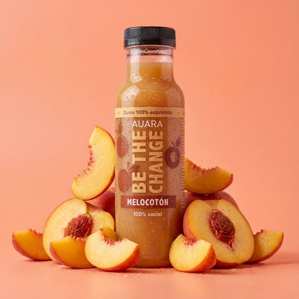 AI-generated product photography of AUARA juice bottle with styled fruit arrangement