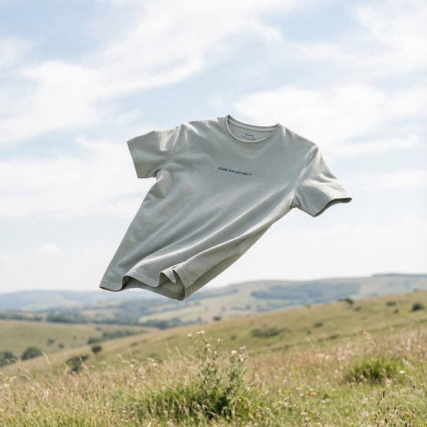 AI product photography: Ecoalf sage green t-shirt floating over rolling hills