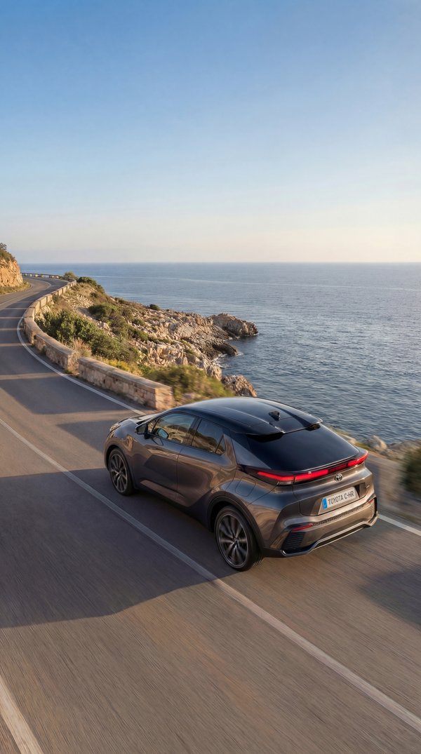 AI-generated automotive photography of Toyota C-HR on Mediterranean coastal road