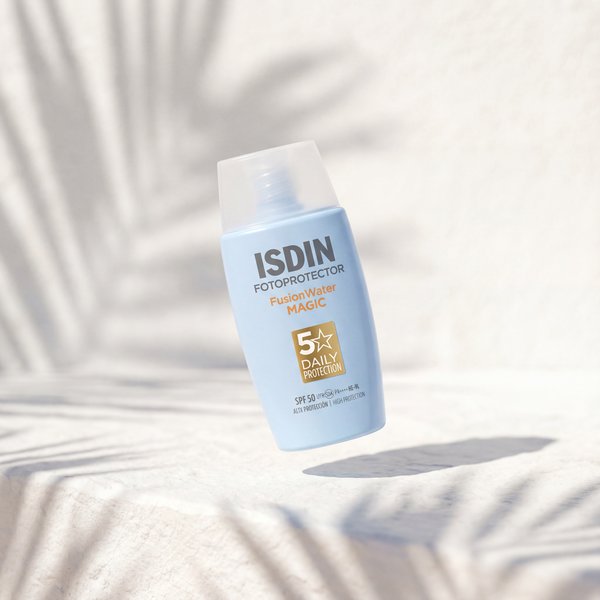 ISDIN sunscreen product in minimalist white setting showing AI-generated product variation