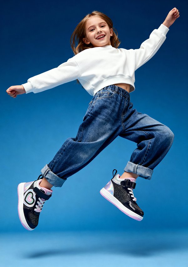 Children fashion product photography with girl jumping in denim and sneakers