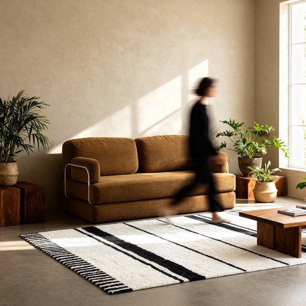 Minimalist living room with styled sofa and rug showing lifestyle product photography